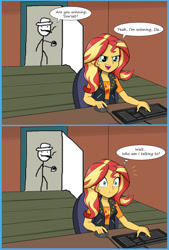 Size: 1150x1700 | Tagged: safe, artist:mew-me, sunset shimmer, equestria girls, 2 panel comic, are ya winning, cigarette, comic, gamer sunset, implied dad, keyboard, meme, smoking, speech bubble, stick