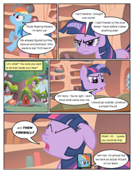 Size: 612x792 | Tagged: safe, artist:newbiespud, derpibooru import, edit, edited screencap, screencap, rainbow dash, twilight sparkle, unicorn twilight, pegasus, pony, unicorn, comic:friendship is dragons, bridle gossip, book, comic, dialogue, eyes closed, floppy horn, flying, golden oaks library, horn, poison joke, screencap comic