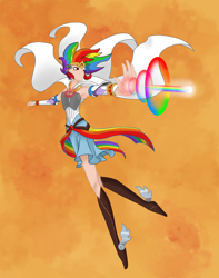 Size: 3000x3800 | Tagged: safe, artist:joan-grace, derpibooru import, rainbow dash, human, armpits, clothes, element of loyalty, flying, humanized, jewelry, necklace, solo, tiara