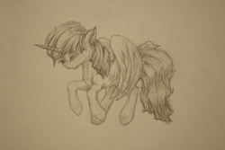 Size: 1600x1067 | Tagged: safe, artist:anemonepetal, derpibooru import, twilight sparkle, twilight sparkle (alicorn), alicorn, pony, eyes closed, female, mare, monochrome, solo, traditional art