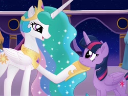 Size: 2732x2048 | Tagged: safe, artist:justsomepainter11, princess celestia, twilight sparkle, twilight sparkle (alicorn), alicorn, pony, my little pony: the movie, crown, female, jewelry, looking at each other, mare, regalia, smiling