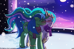 Size: 1125x750 | Tagged: safe, artist:lumineko, princess celestia, oc, oc:rally flag, alicorn, pony, blushing, canon x oc, clothes, earth pony oc, eyes closed, female, kissing, male, rallylestia, ring, scar, scarf, shipping, snow, straight, wedding ring