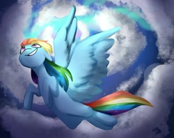 Size: 1280x1014 | Tagged: safe, artist:mickearts, derpibooru import, rainbow dash, pegasus, pony, cloud, female, flying, mare, sky, smiling, solo, spread wings, wings