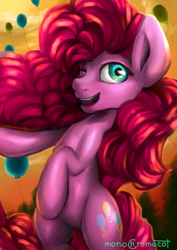 Size: 2507x3541 | Tagged: safe, artist:monochromacat, pinkie pie, earth pony, pony, balloon, bipedal, one eye closed, solo, wink