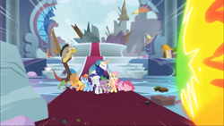 Size: 1920x1080 | Tagged: safe, derpibooru import, screencap, applejack, discord, fluttershy, pinkie pie, princess celestia, princess luna, rainbow dash, rarity, spike, alicorn, dragon, earth pony, pegasus, pony, unicorn, the ending of the end, animation error, leak, missing horn, winged spike