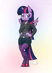 Size: 955x1351 | Tagged: safe, artist:mysticalpha, twilight sparkle, twilight sparkle (alicorn), alicorn, anthro, unguligrade anthro, belt, business suit, clothes, cravat, female, glasses, hands on hip, hoof shoes, mare, skirt, smiling, solo, spread wings, stockings, thigh highs, wings