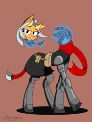 Size: 1920x2560 | Tagged: safe, artist:derpanater, oc, oc only, oc:cold iron, oc:vibraphone echo, bicorn, dullahan, monster pony, pony, undead, fallout equestria, fallout equestria: dance of the orthrus, blue fire, brown background, clothes, commission, fanfic art, gambeson, modular, monster mare, orange background, plate armor, scarf, simple background, solo, tail wrap