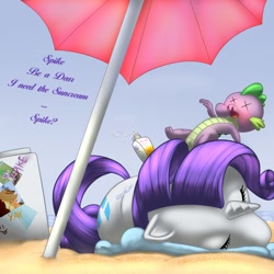 Size: 1000x1000 | Tagged: safe, artist:rayhiros, applejack, rarity, spike, dragon, earth pony, pony, unicorn, beach, blood, female, implied, male, nosebleed, shipping, sparity, straight, sunscreen, umbrella