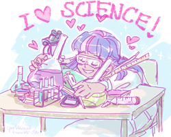 Size: 813x655 | Tagged: safe, artist:ddhew, derpibooru import, twilight sparkle, human, abstract background, adorkable, beaker, clothes, cute, dialogue, dork, eyes closed, female, goggles, happy, heart, humanized, lab coat, microscope, moderate dark skin, science, smiling, solo, table, test tube, that pony sure does love science, twiabetes