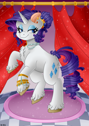 Size: 1024x1448 | Tagged: safe, artist:sk-ree, rarity, pony, unicorn, alternate hairstyle, bracelet, ear piercing, earring, jewelry, necklace, piercing, rearing, solo