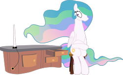 Size: 2923x1798 | Tagged: safe, artist:cloudyglow, artist:sunshi, edit, edited edit, editor:slayerbvc, princess celestia, alicorn, pony, accessory-less edit, barehoof, charger, crossed legs, detachable horn, female, horn, looking away, mare, missing accessory, modular, recharging, sitlestia, sitting, solo, stool, vector, vector edit, worried