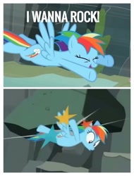 Size: 2522x3326 | Tagged: safe, derpibooru import, edit, edited screencap, screencap, rainbow dash, pegasus, pony, may the best pet win, be careful what you wish for, ouch, pun, rock, song reference, twisted sister