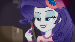 Size: 1920x1080 | Tagged: safe, artist:foxmaister, color edit, edit, edited screencap, screencap, rarity, better together, equestria girls, rarity investigates: the case of the bedazzled boot, colored, detective rarity, female, lipstick, makeup, rarity investigates (eqg): trixie, sexy, smiling, solo, teasing