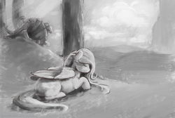 Size: 1787x1200 | Tagged: safe, artist:cuttledreams, fluttershy, pegasus, pony, atg 2016, eyes closed, folded wings, forest, grayscale, lying down, monochrome, newbie artist training grounds, prone, solo