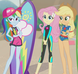 Size: 719x686 | Tagged: safe, derpibooru import, applejack, fluttershy, rainbow dash, better together, blue crushed, equestria girls, belly button, clothes, hips, legs, surfboard, swimsuit, wetsuit