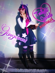 Size: 768x1024 | Tagged: safe, artist:bunnyoxo, twilight sparkle, human, book, clothes, cosplay, costume, horn, irl, irl human, photo, pony ears, socks, thigh highs