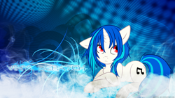 Size: 1920x1080 | Tagged: safe, artist:shelmo69, artist:tadashi--kun, derpibooru import, edit, dj pon-3, vinyl scratch, pony, unicorn, chest fluff, cutie mark, female, hooves, horn, mare, red eyes, solo, text, vector, wallpaper, wallpaper edit, wrong eye color