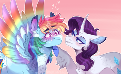 Size: 1186x719 | Tagged: safe, artist:wanderingpegasus, derpibooru import, rainbow dash, rarity, pegasus, pony, unicorn, blushing, cheek fluff, chest fluff, cloven hooves, ear fluff, female, heart, lesbian, mare, raridash, shipping, spread wings, unshorn fetlocks, wingboner, wings