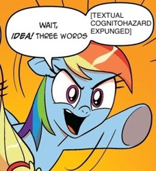 Size: 334x366 | Tagged: safe, derpibooru import, edit, idw, applejack, rainbow dash, earth pony, pegasus, pony, cognitohazard, comic, exploitable meme, expunged, meme, scp, scp foundation, three words meme