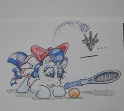 Size: 570x510 | Tagged: safe, artist:hillbe, rarity, spike, dragon, pony, unicorn, bow, female, male, shipping, sparity, straight, tennis ball, tennis dress, tennis racket, traditional art, wings