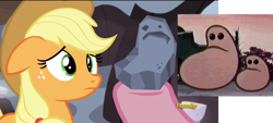 Size: 1600x720 | Tagged: safe, applejack, pinkie pie, earth pony, pony, hearthbreakers, the herculoids, weird rock