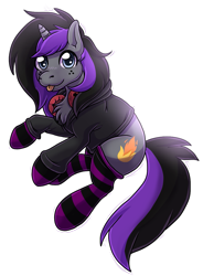 Size: 883x1200 | Tagged: safe, artist:couriem, oc, oc only, oc:purple flame, unicorn, chibi, clothes, cute, headphones, hoodie, male, simple background, socks, solo, stallion, stockings, striped socks, thigh highs, transparent background