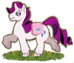 Size: 900x771 | Tagged: safe, artist:kittycoot, rarity, pony, unicorn, curved horn, cutie mark, female, freckles, mare, raised hoof, saddle bag, simple background, solo, starry eyes, transparent background, walking, wingding eyes