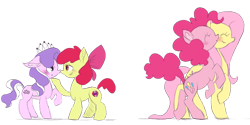 Size: 1024x514 | Tagged: safe, artist:phineaddict, apple bloom, diamond tiara, fluttershy, pinkie pie, earth pony, pegasus, pony, blushing, diamondbloom, eyes closed, female, flutterpie, hoof on chin, kissing, lesbian, mare, shipping