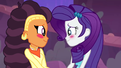 Size: 2000x1125 | Tagged: safe, artist:ktd1993, edit, edited screencap, screencap, rarity, saffron masala, better together, equestria girls, rollercoaster of friendship, blushing, female, lesbian, raffron, shipping