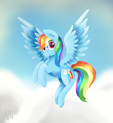 Size: 747x811 | Tagged: safe, artist:flashbrush, derpibooru import, rainbow dash, pegasus, pony, backwards cutie mark, cloud, female, flying, looking at you, mare, sky, solo, spread wings, wings