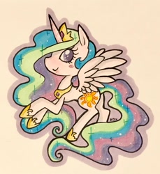 Size: 1174x1280 | Tagged: safe, artist:lapetitlapearlart, princess celestia, alicorn, pony, blush sticker, blushing, crown, cute, cutelestia, cutie mark, ethereal mane, ethereal tail, eyelashes, female, flowing mane, flowing tail, hoof shoes, jewelry, looking at you, mare, multicolored mane, multicolored tail, praise the sun, profile, purple eyes, regalia, simple background, smiling, solo, sparkles, spread wings, tiara, traditional art, white background