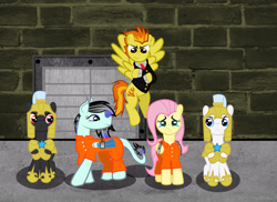 Size: 2160x1570 | Tagged: safe, artist:spellboundcanvas, fluttershy, spitfire, oc, oc:disaster dream, pegasus, pony, chains, clothes, evil grin, prison, prison guard, prison outfit, prisoner, royal guard, shackles, wing cuffs