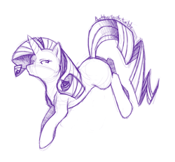 Size: 730x676 | Tagged: safe, artist:stripedpanther, rarity, pony, unicorn, female, looking back, mare, missing cutie mark, monochrome, simple background, sketch, solo, white background