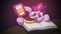 Size: 1920x1080 | Tagged: safe, artist:tranquilmind, derpibooru import, twilight sparkle, biting, book, coffee, donut, magic, messy mane, solo, study, studying, tired