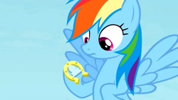 Size: 1280x720 | Tagged: safe, derpibooru import, screencap, rainbow dash, pegasus, pony, rainbow falls, female, flying, horseshoes, solo