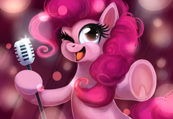 Size: 1450x1000 | Tagged: safe, artist:kallarmo, pinkie pie, earth pony, pony, cute, diapinkes, frog (hoof), microphone, one eye closed, open mouth, singing, solo, starry eyes, underhoof, wingding eyes, wink