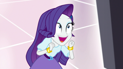 Size: 1280x717 | Tagged: safe, screencap, rarity, dance magic, equestria girls, spoiler:eqg specials, bracelet, clothes, happy, jewelry, mall, skirt, solo, television