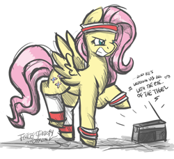 Size: 1280x1169 | Tagged: safe, artist:flutterthrash, fluttershy, pegasus, pony, eye of the tiger, female, headband, mare, newbie artist training grounds, radio, solo, sweatband, workout