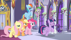 Size: 1366x768 | Tagged: safe, derpibooru import, screencap, applejack, fluttershy, rainbow dash, rarity, spike, twilight sparkle, twilight sparkle (alicorn), alicorn, dragon, earth pony, pegasus, pony, unicorn, the summer sun setback, banner, carpet, column, door, flower, flying, microsoft, sad, windows, winged spike