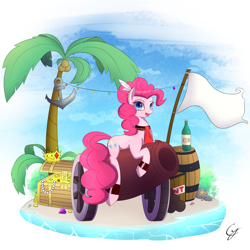 Size: 2000x2000 | Tagged: safe, artist:joe0316, artist:laptop-pone, pinkie pie, earth pony, pony, alcohol, anchor, barrel, box, cannon, coconut, coconut tree, coin, crown, ear piercing, explosives, flag, food, gem, gold, jewelry, open mouth, palm tree, pearl necklace, piercing, pirate, regalia, rum, solo, tnt, treasure chest, tree, whiskey