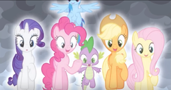 Size: 1013x532 | Tagged: safe, derpibooru import, screencap, applejack, fluttershy, pinkie pie, rainbow dash, rarity, spike, dragon, earth pony, pegasus, pony, unicorn, the ending of the end, female, leak, male, mare, smiling, winged spike