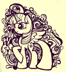 Size: 812x882 | Tagged: safe, artist:teacharms, derpibooru import, twilight sparkle, twilight sparkle (alicorn), alicorn, pony, female, mare, monochrome, solo