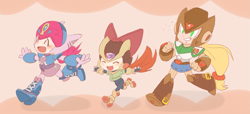 Size: 2633x1200 | Tagged: safe, artist:thegreatrouge, apple bloom, applejack, pinkie pie, equestria girls, armor, axl, boots, clothes, crossover, denim skirt, eyes closed, megaman, megaman x, megaman zero, open mouth, running, skirt, zero