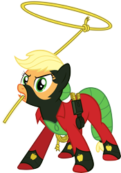 Size: 8031x11471 | Tagged: safe, artist:sugar-loop, applejack, mistress marevelous, earth pony, pony, power ponies (episode), .ai available, .svg available, absurd resolution, adobe illustrator, box art, clothes, costume, lasso, mouth hold, power ponies, rope, simple background, solo, superhero, transparent background, vector