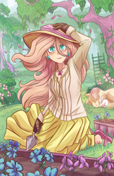 Size: 3000x4637 | Tagged: safe, artist:dracojayproduct, angel bunny, fluttershy, human, blushing, clothes, feet, flip-flops, flower, garden, gardening, hat, human ponidox, humanized, jewelry, long skirt, looking at you, necklace, sandals, shirt, skirt, solo, windswept mane