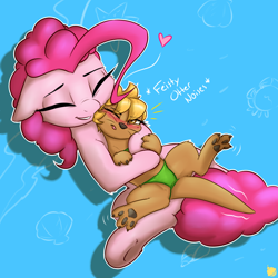 Size: 2400x2400 | Tagged: safe, artist:captainpudgemuffin, pinkie pie, oc, oc:beach ball, otter, bikini, clothes, cuddling, cute, descriptive noise, diapinkes, green swimsuit, meme, non-consensual cuddling, snuggling, species swap, swimsuit