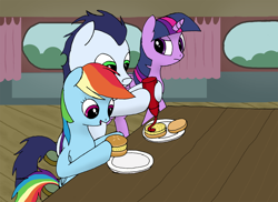 Size: 1486x1080 | Tagged: safe, artist:soks777, derpibooru import, rainbow dash, soarin', twilight sparkle, twilight sparkle (alicorn), alicorn, pegasus, pony, burger, food, hay burger, ketchup, sauce