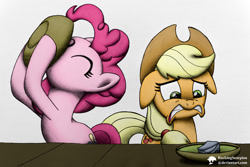 Size: 1000x667 | Tagged: safe, artist:rockingscorpion, applejack, pinkie pie, earth pony, pony, hearthbreakers, eating, eyes closed, floppy ears, frown, rock soup, scene interpretation, traditional art, unamused