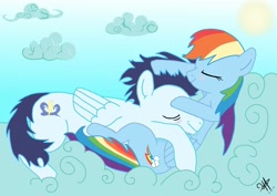 Size: 1414x1000 | Tagged: safe, artist:istrolltime, derpibooru import, rainbow dash, soarin', pegasus, pony, backwards cutie mark, cloud, cuddling, female, male, shipping, sleeping, soarindash, straight