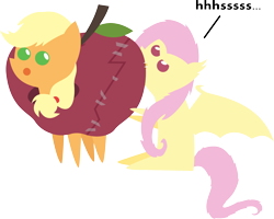 Size: 2242x1794 | Tagged: safe, artist:v0jelly, applejack, fluttershy, bat pony, pony, apple, clothes, costume, flutterbat, flutterbat biting applejack, pointy ponies, simple background, spooky flutterbat's countdown to halloween, transparent background